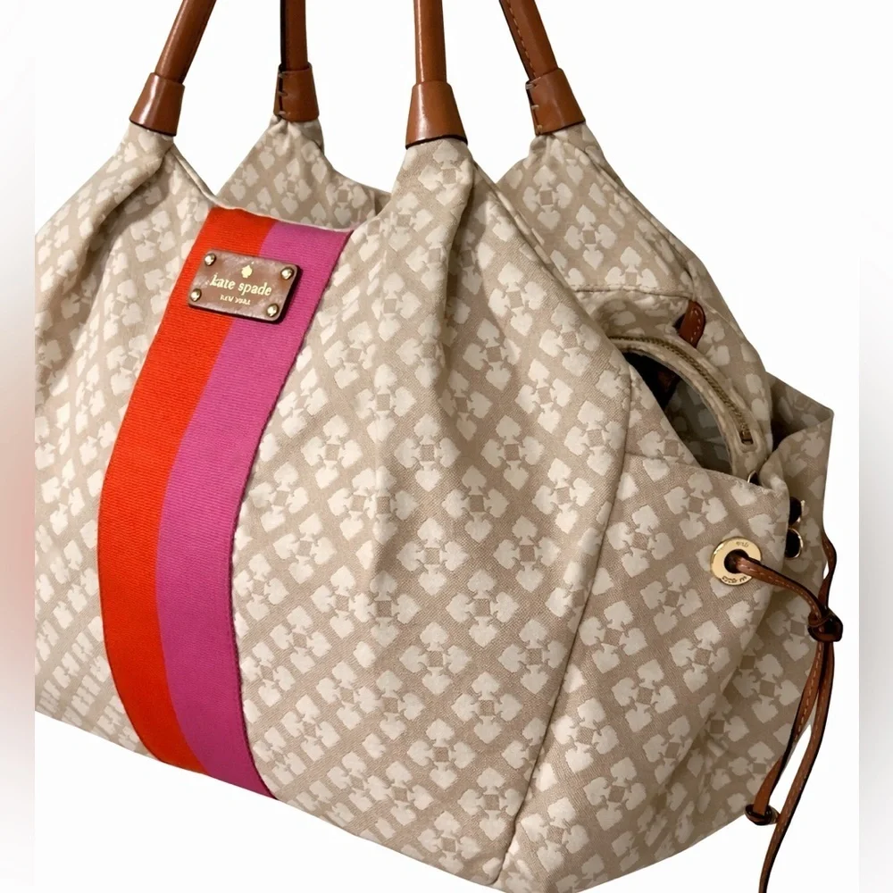 Kate Spade Canvas Tote Bag Beige Pink Stripe Large Travel Shoulder Chic